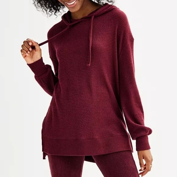SO Cozy Waffle Knit Tunic Hoodie Sweater XS MAROON BURGUNDY WINE - Picture 1 of 7